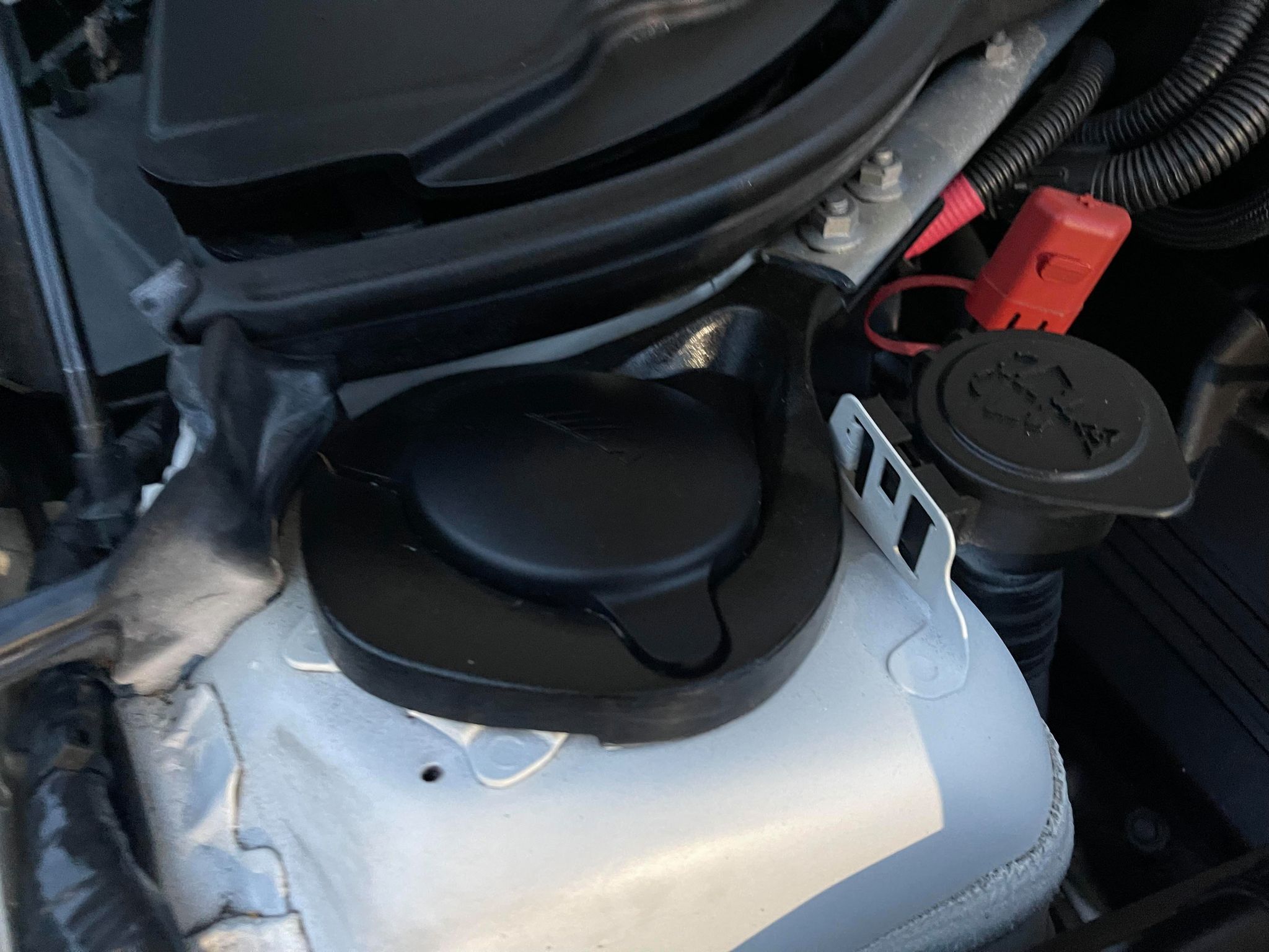 Engine bay showing missing strut mount VIN and absence of EDC