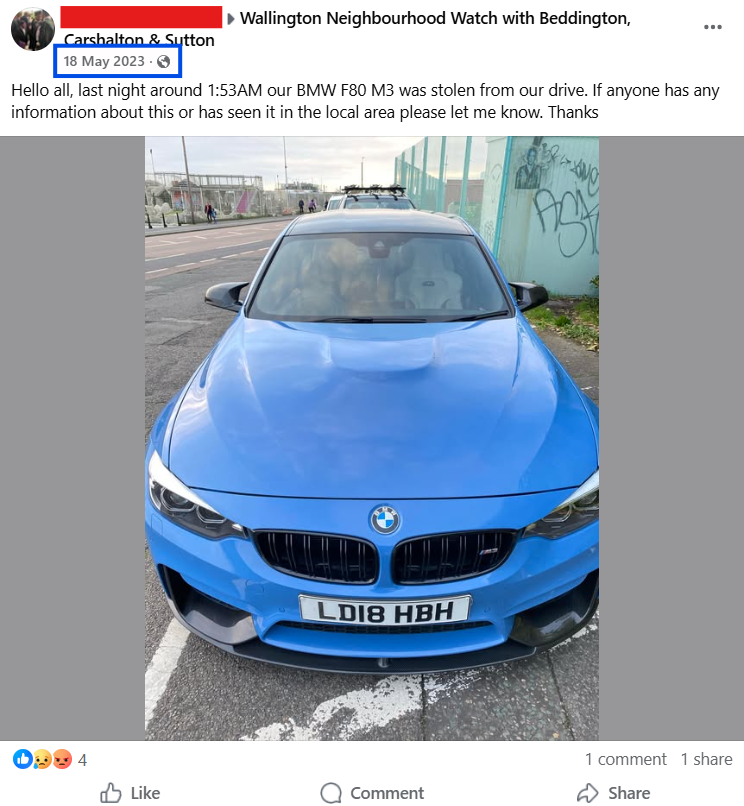 LD18HBH advertised as stolen on Facebook